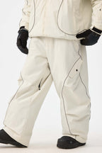 Men's Khaki Retro Track Ski Pants Reflective Piping Baggy Snow Pants