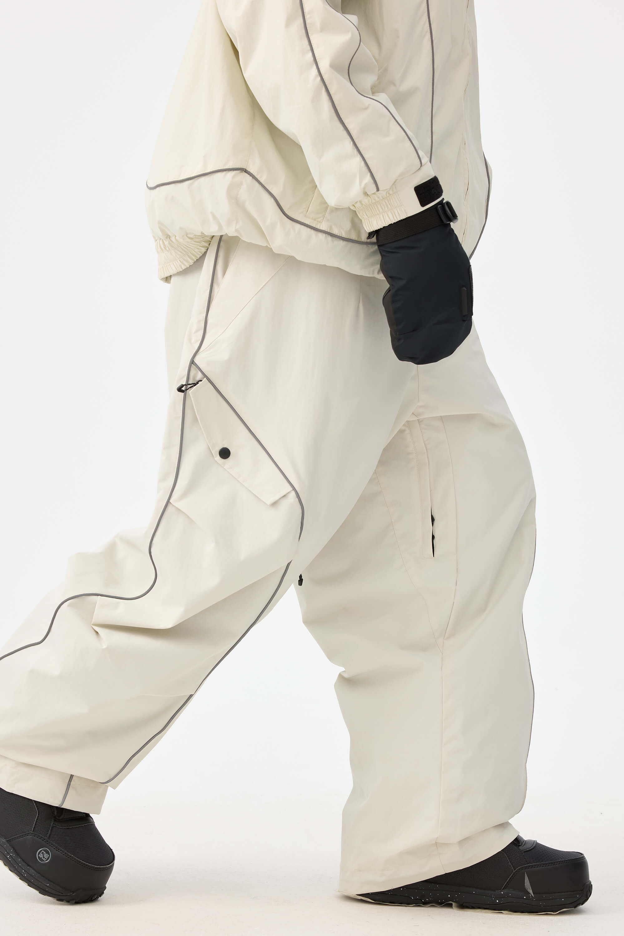Men's Off White Retro Track Snow Pants Reflective Piping Baggy Ski Pants - Gsou Snow