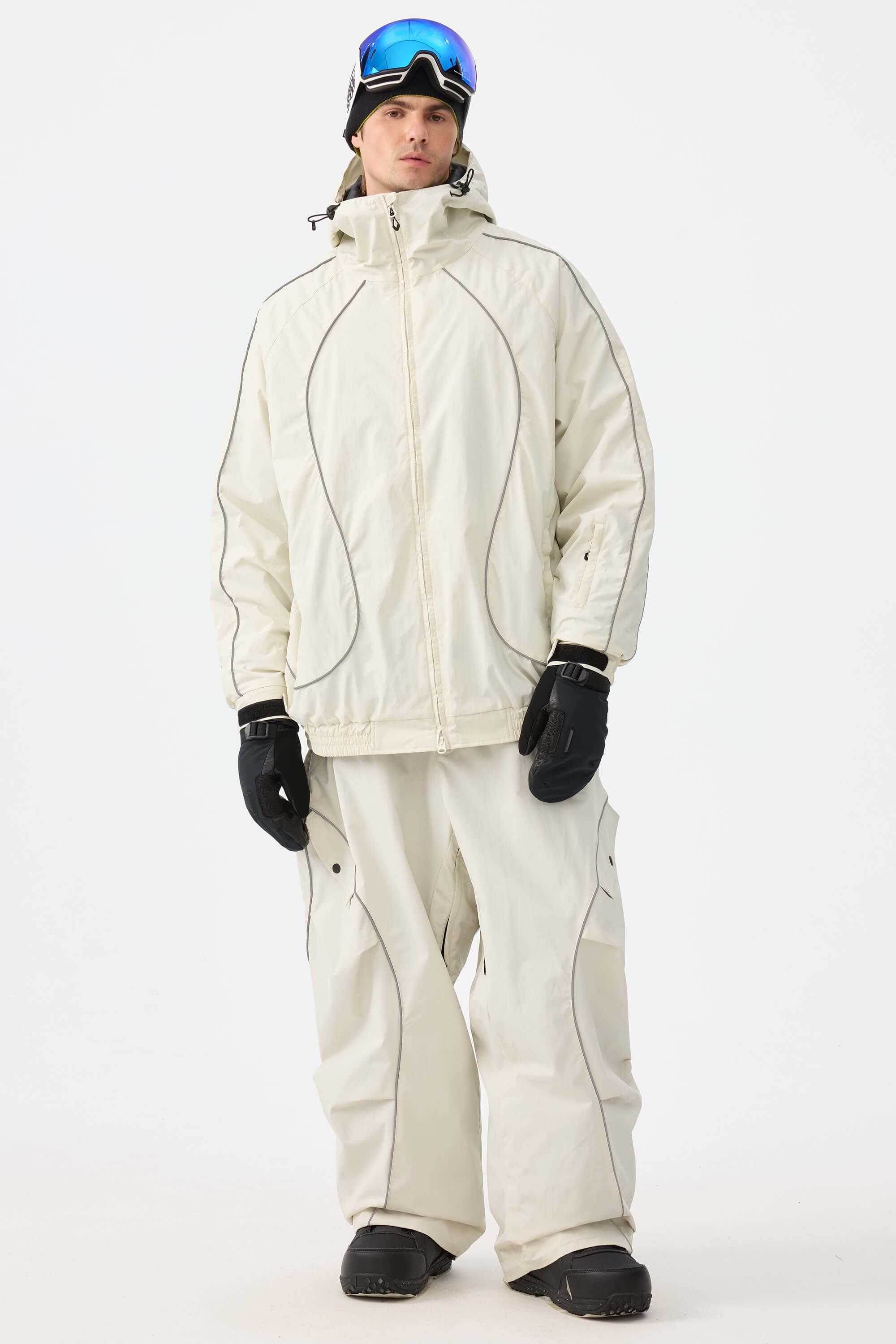 Men's Khaki Retro Track Ski Pants Reflective Piping Baggy Snow Pants