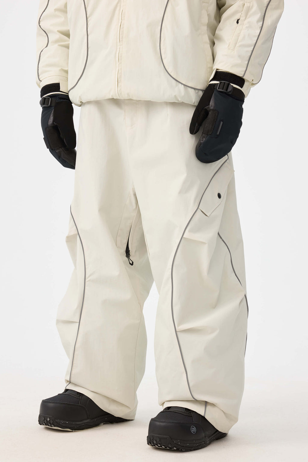 Men's Off White Retro Track Snow Pants Reflective Piping Baggy Ski Pants - Gsou Snow