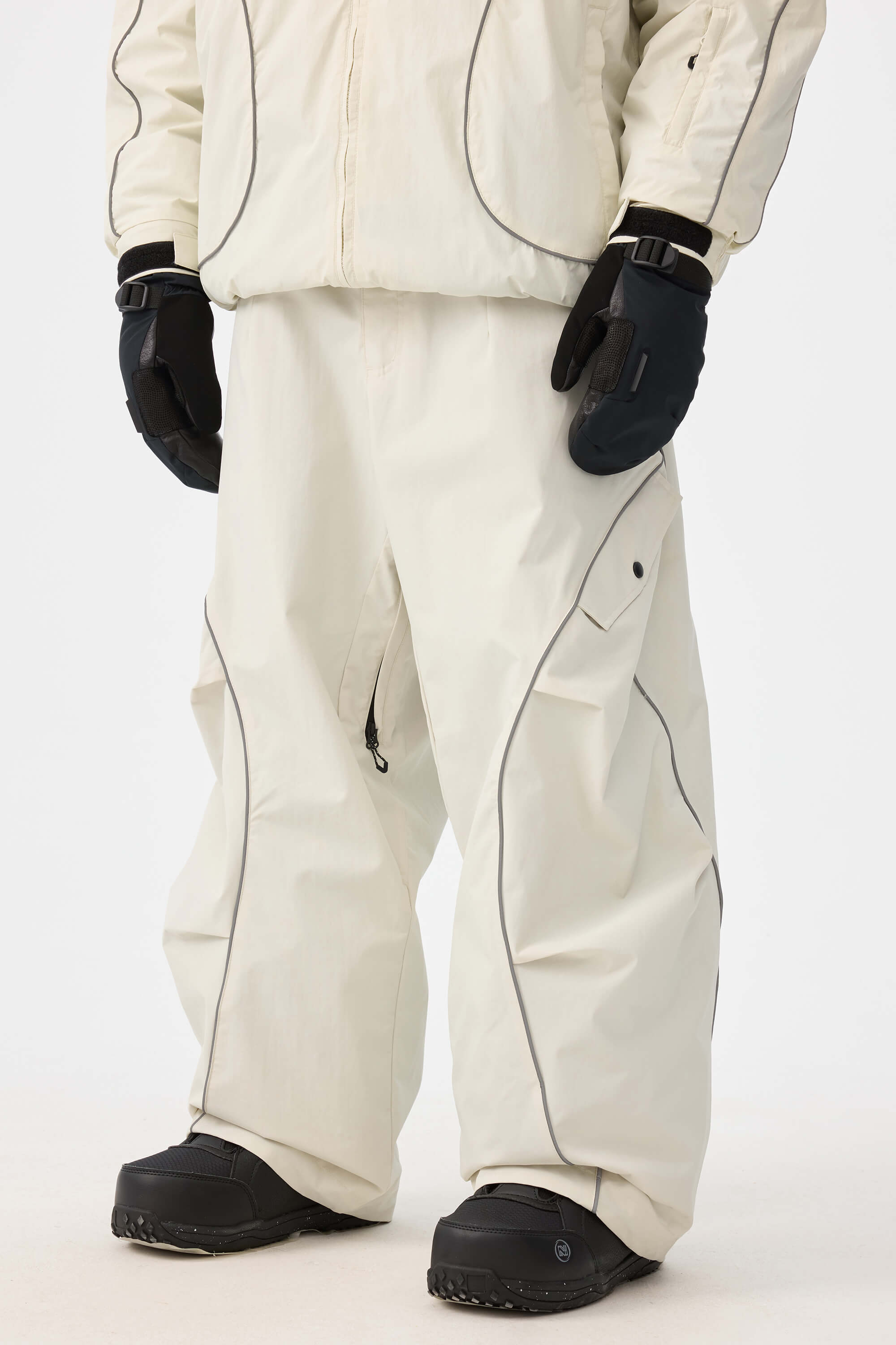 Men's Off White Retro Track Snow Pants Reflective Piping Baggy Ski Pants - Gsou Snow
