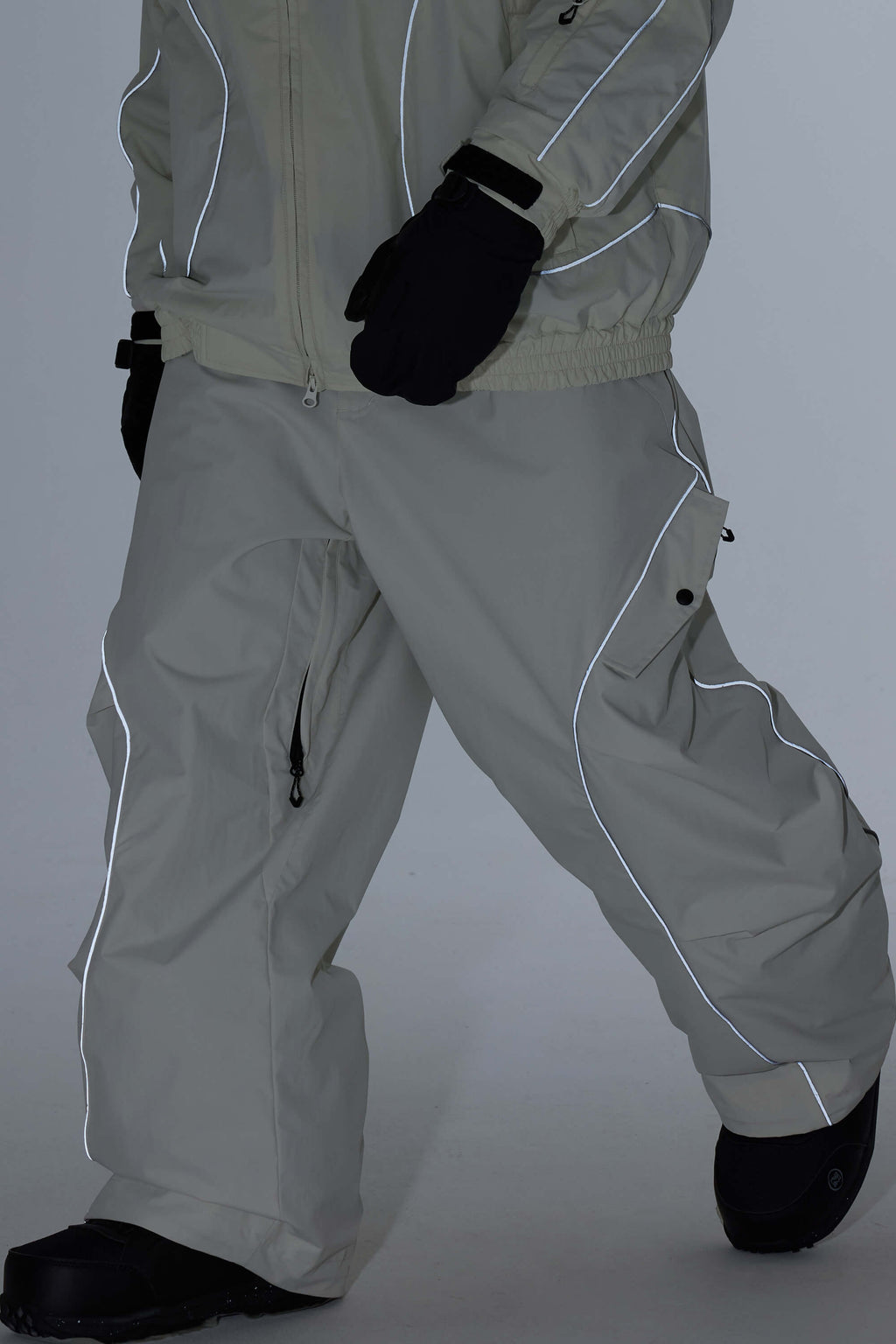 Men's Khaki Retro Track Ski Pants Reflective Piping Baggy Snow Pants