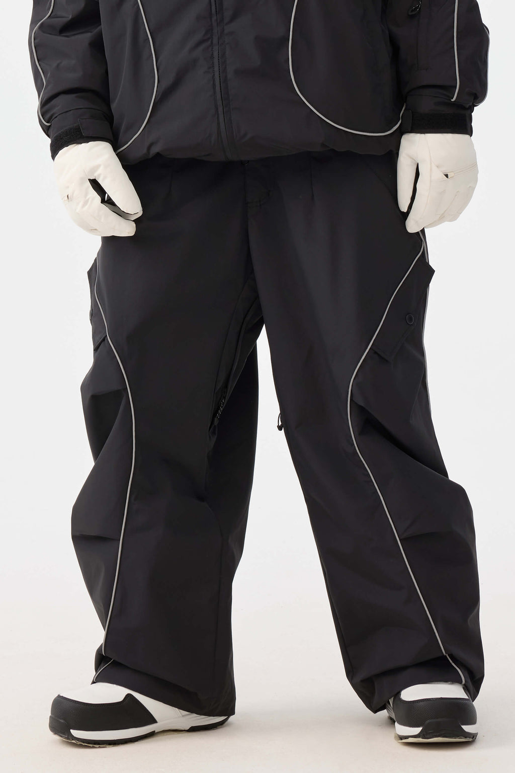 Women's Khaki Retro Track Ski Pants Reflective Piping Baggy Snow Pants