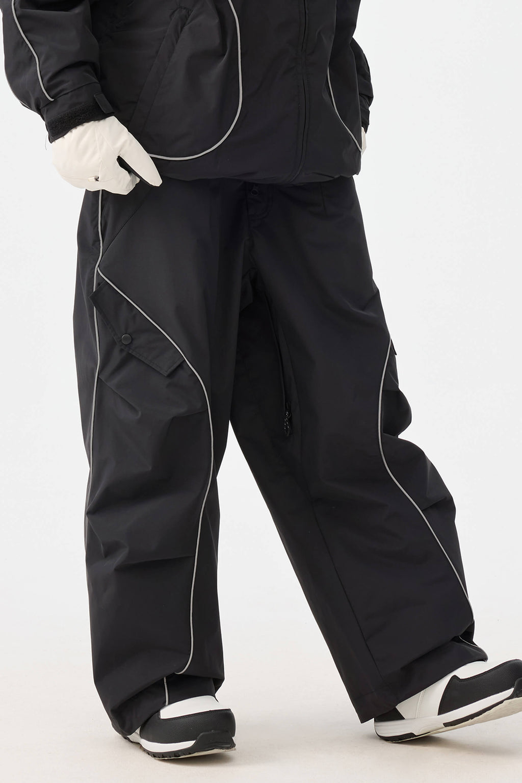 Women's Black Retro Track Reflective Piping Snow Pants Baggy Ski Pants - Gsou Snow
