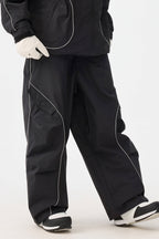 Women's Black Retro Track Reflective Piping Snow Pants Baggy Ski Pants - Gsou Snow