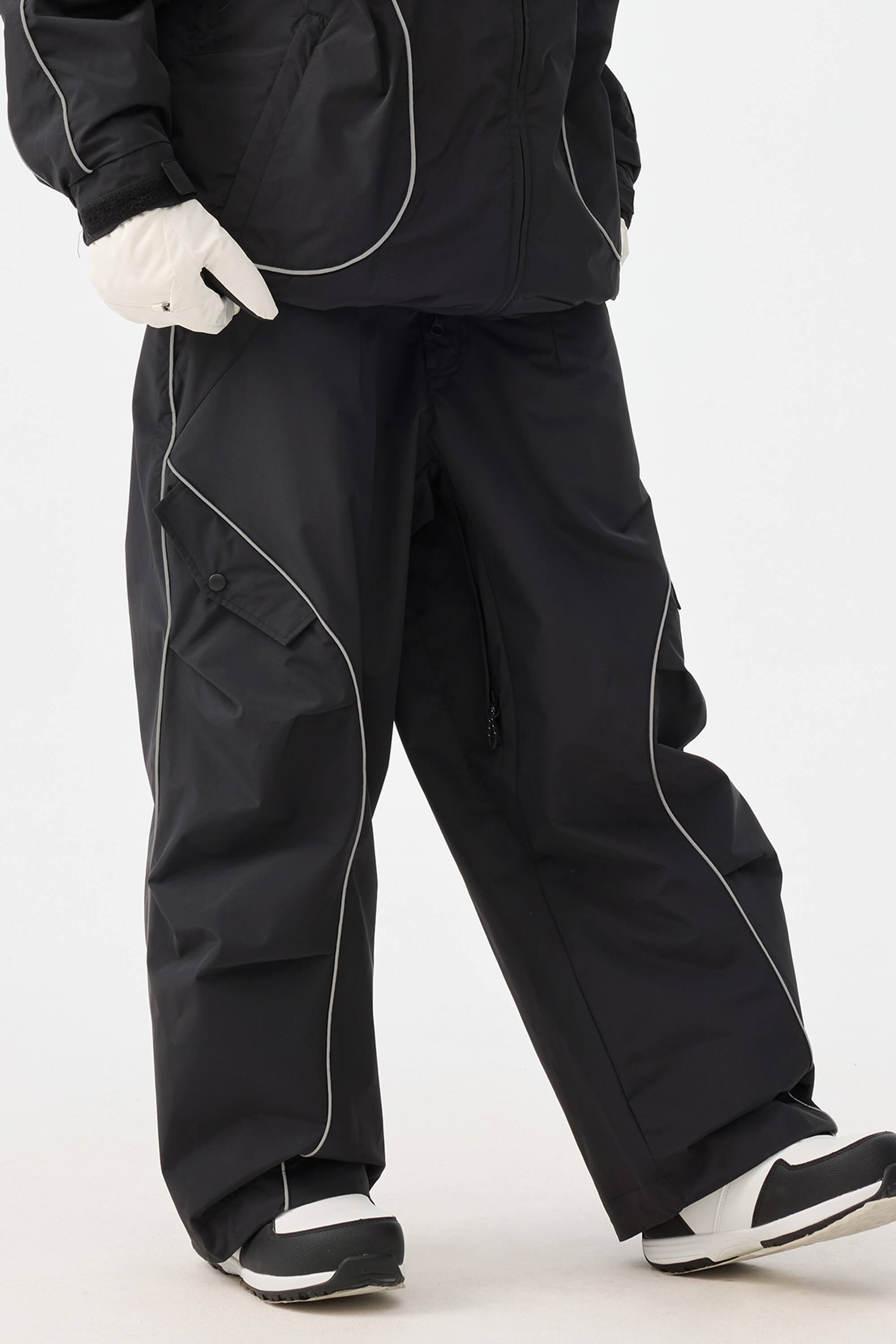 Women's Black Retro Track Reflective Piping Snow Pants Baggy Ski Pants - Gsou Snow