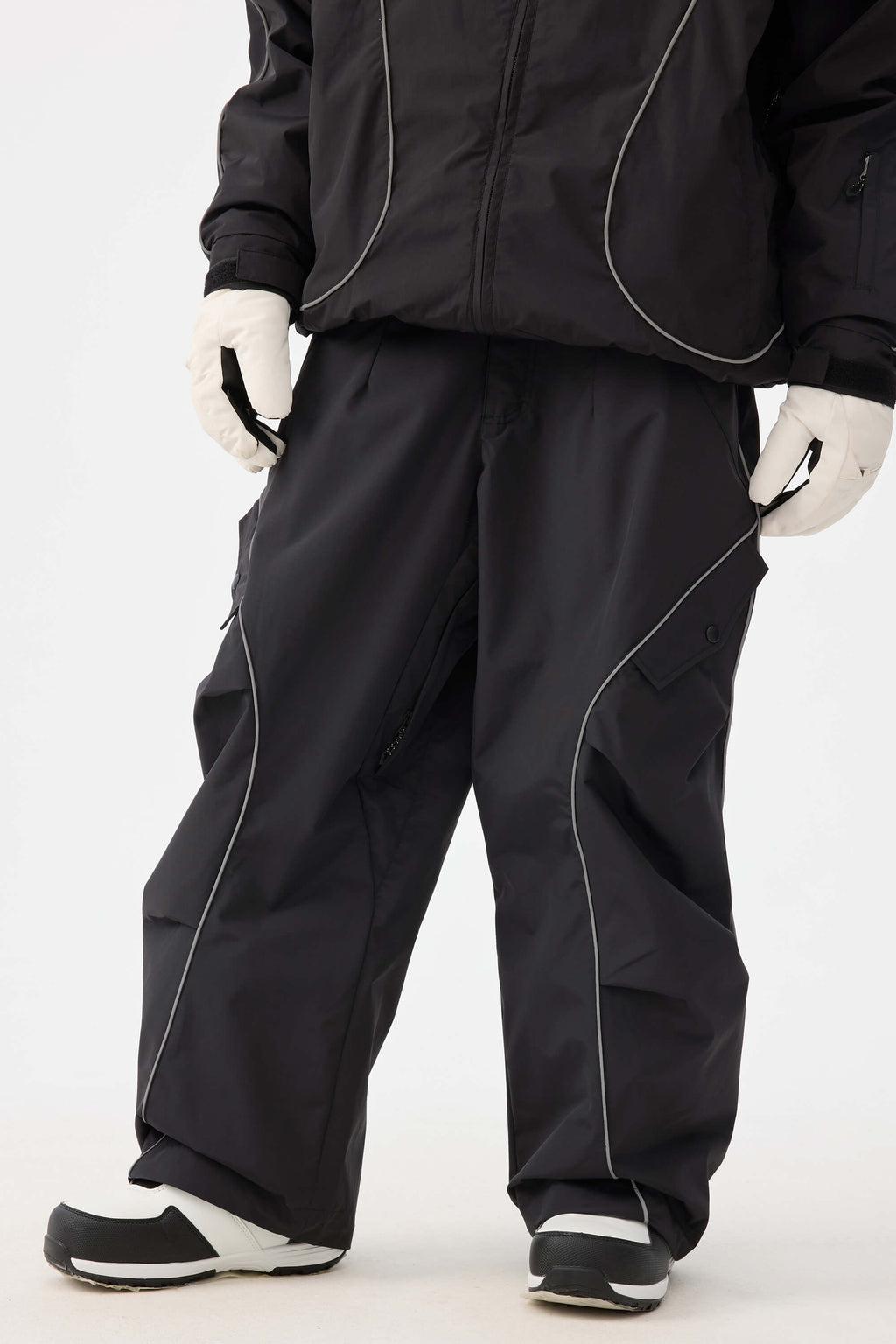 Women's Black Retro Track Reflective Piping Snow Pants Baggy Ski Pants - Gsou Snow