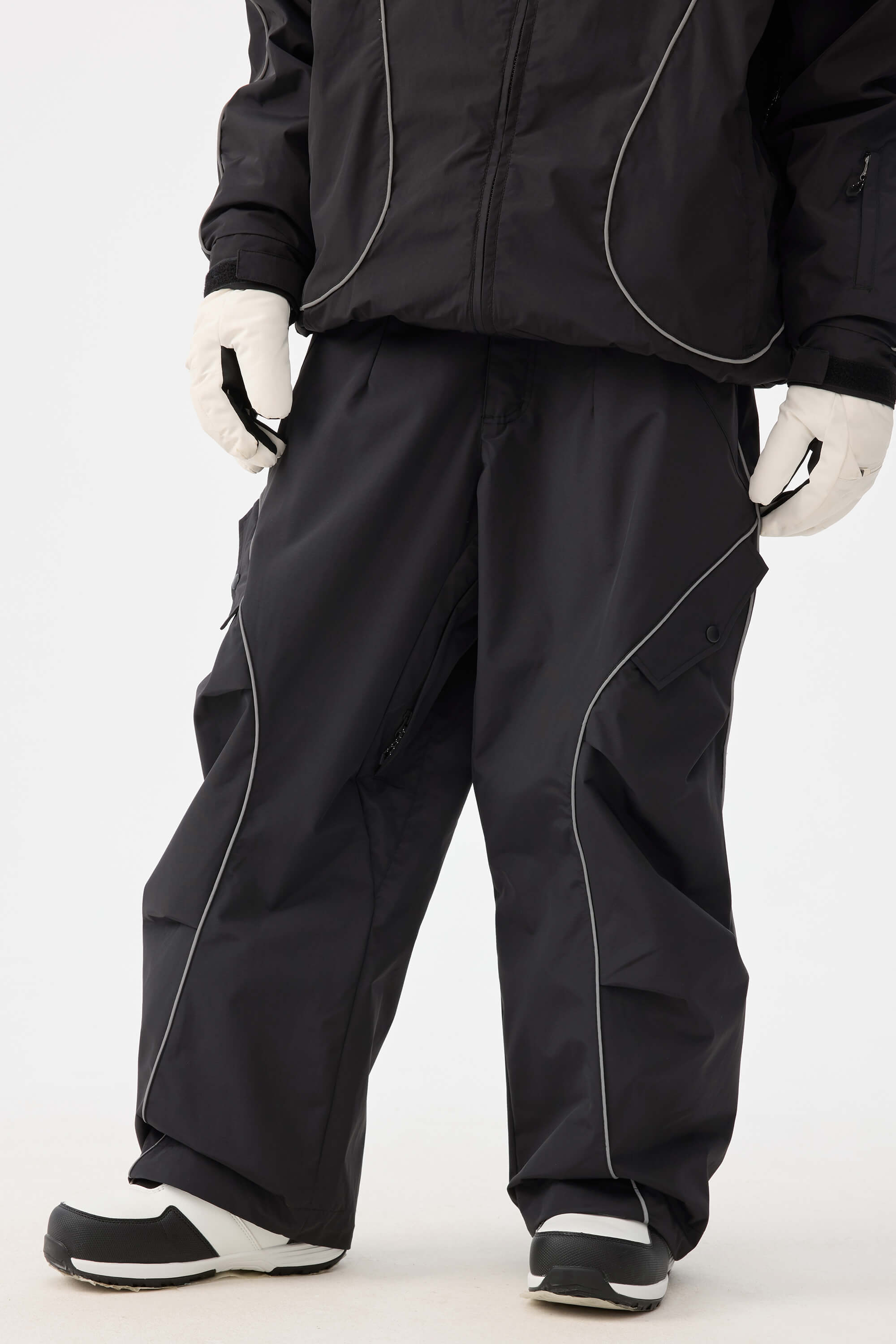 Women's Black Retro Track Reflective Piping Snow Pants Baggy Ski Pants - Gsou Snow