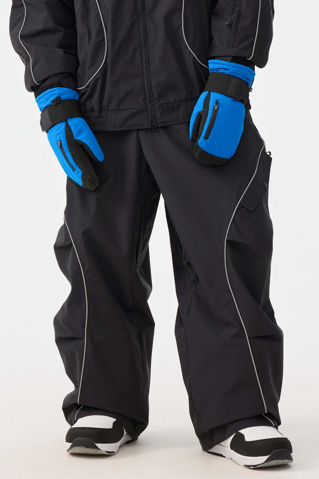 Men's Khaki Retro Track Ski Pants Reflective Piping Baggy Snow Pants