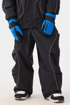 Men's Black Retro Track Ski Pants Reflective Piping Baggy Snow Pants
