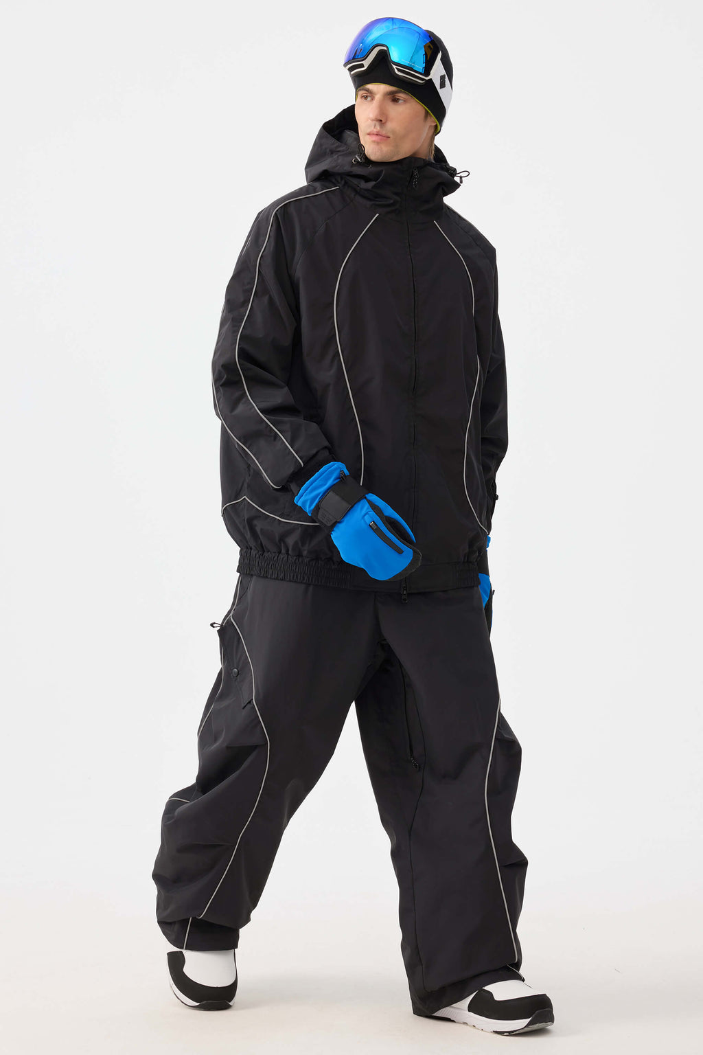 Men's Black Retro Track Ski Pants Reflective Piping Baggy Snow Pants