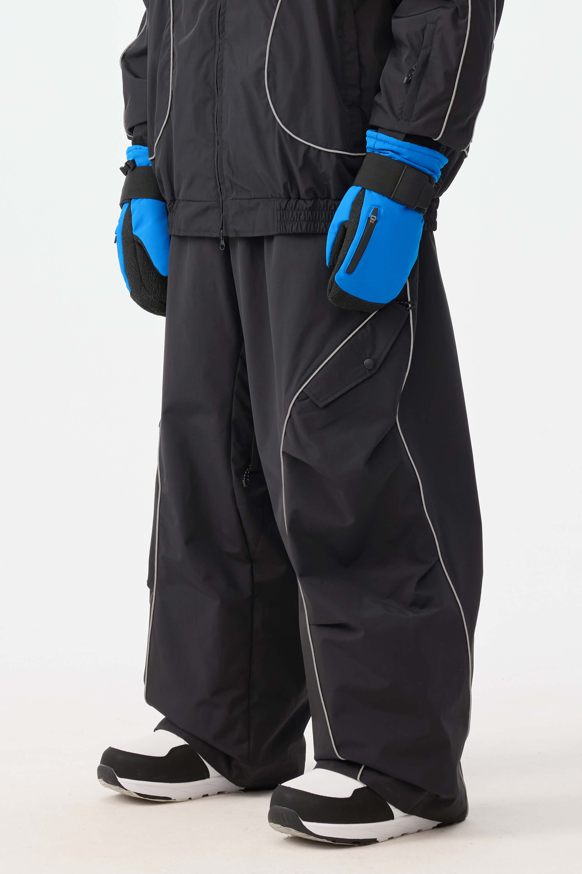 Men's Black Retro Track Snow Pants Reflective Piping Baggy Ski Pants - Gsou Snow