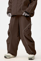 Women's Khaki Retro Track Ski Pants Reflective Piping Baggy Snow Pants