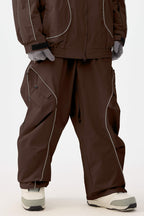 Women's Coffee Retro Track Reflective Piping Snow Pants Baggy Ski Pants - Gsou Snow
