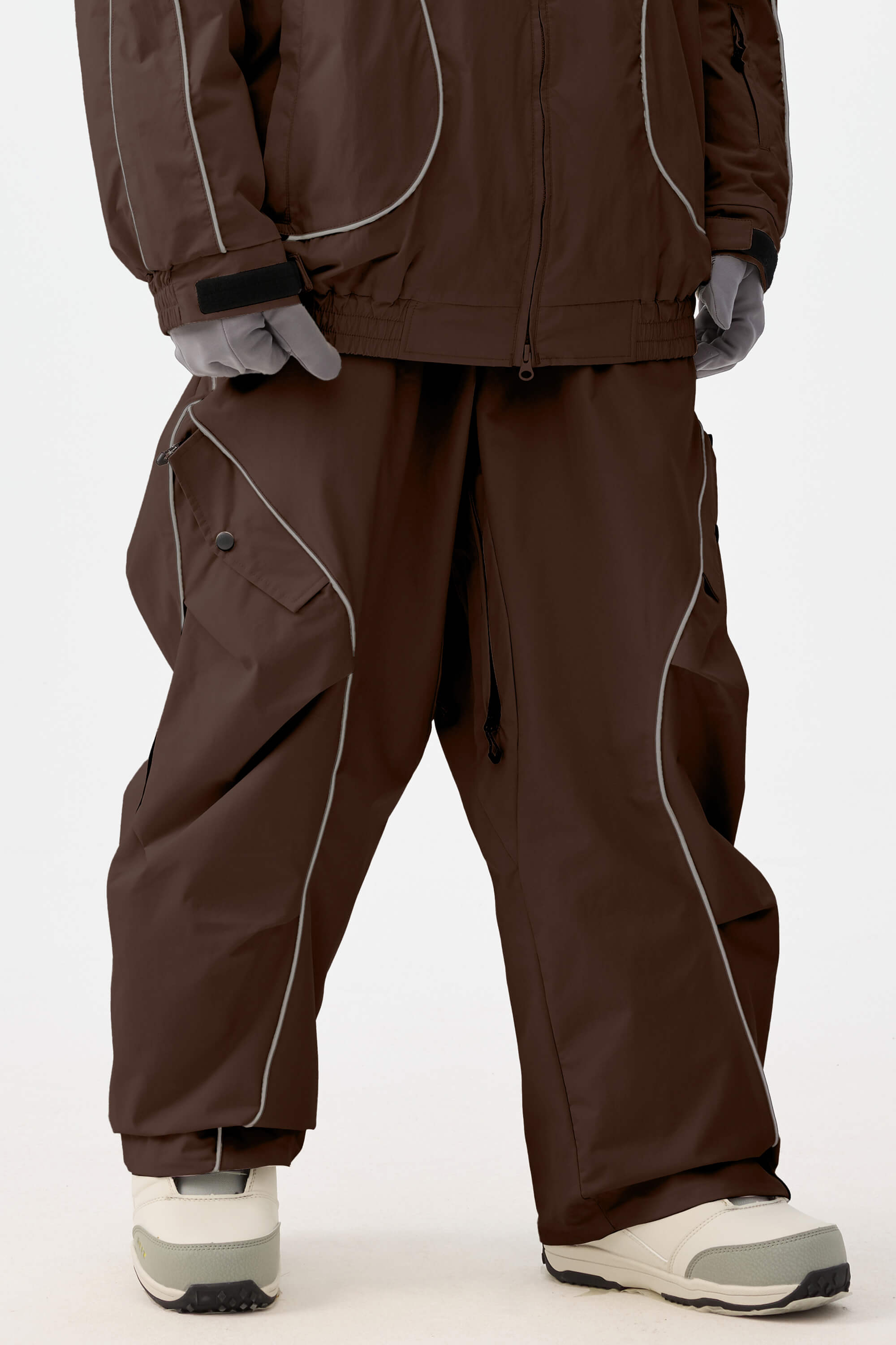 Women's Coffee Retro Track Reflective Piping Snow Pants Baggy Ski Pants - Gsou Snow