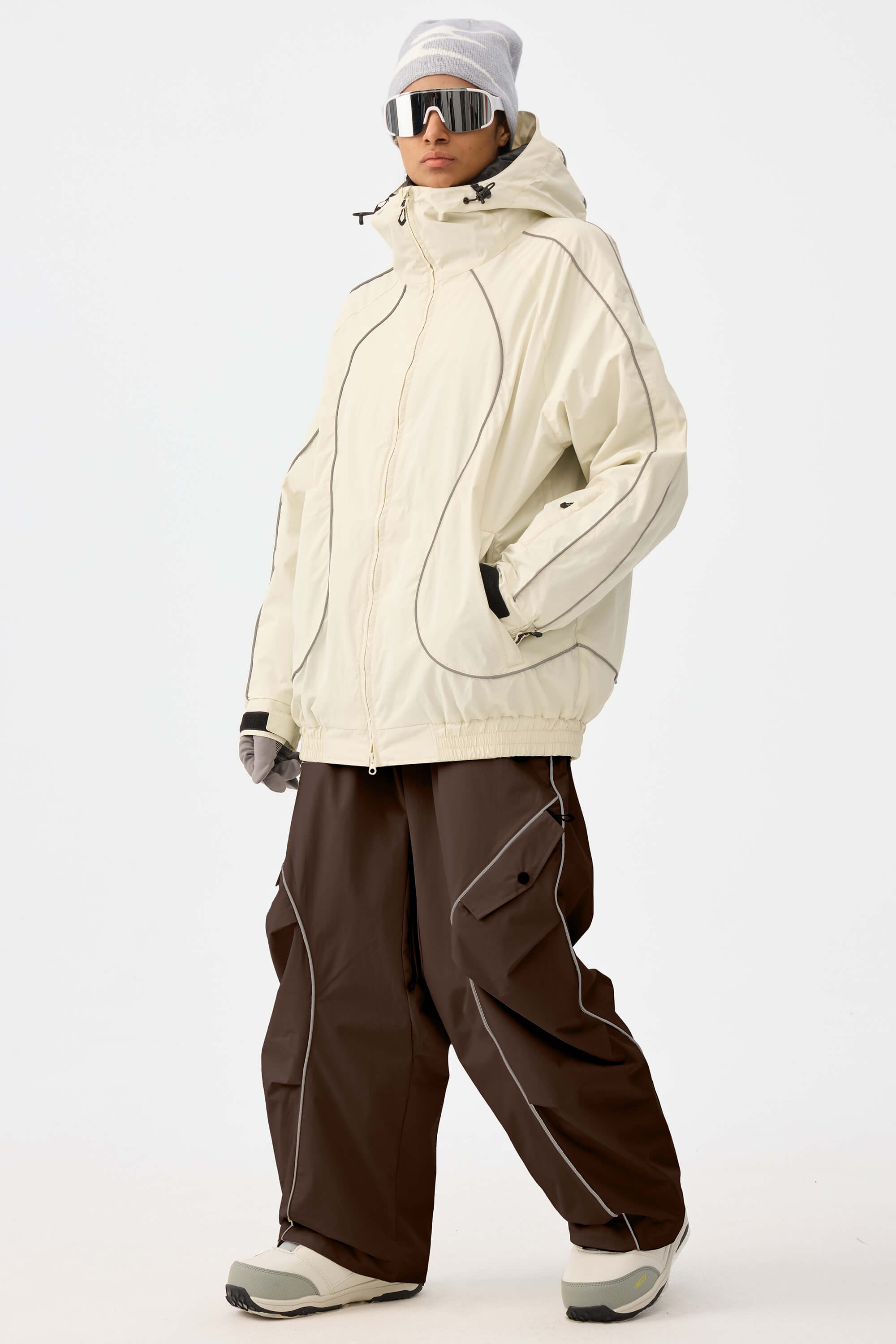 Women's Black Retro Track Ski Pants Reflective Piping Baggy Snow Pants