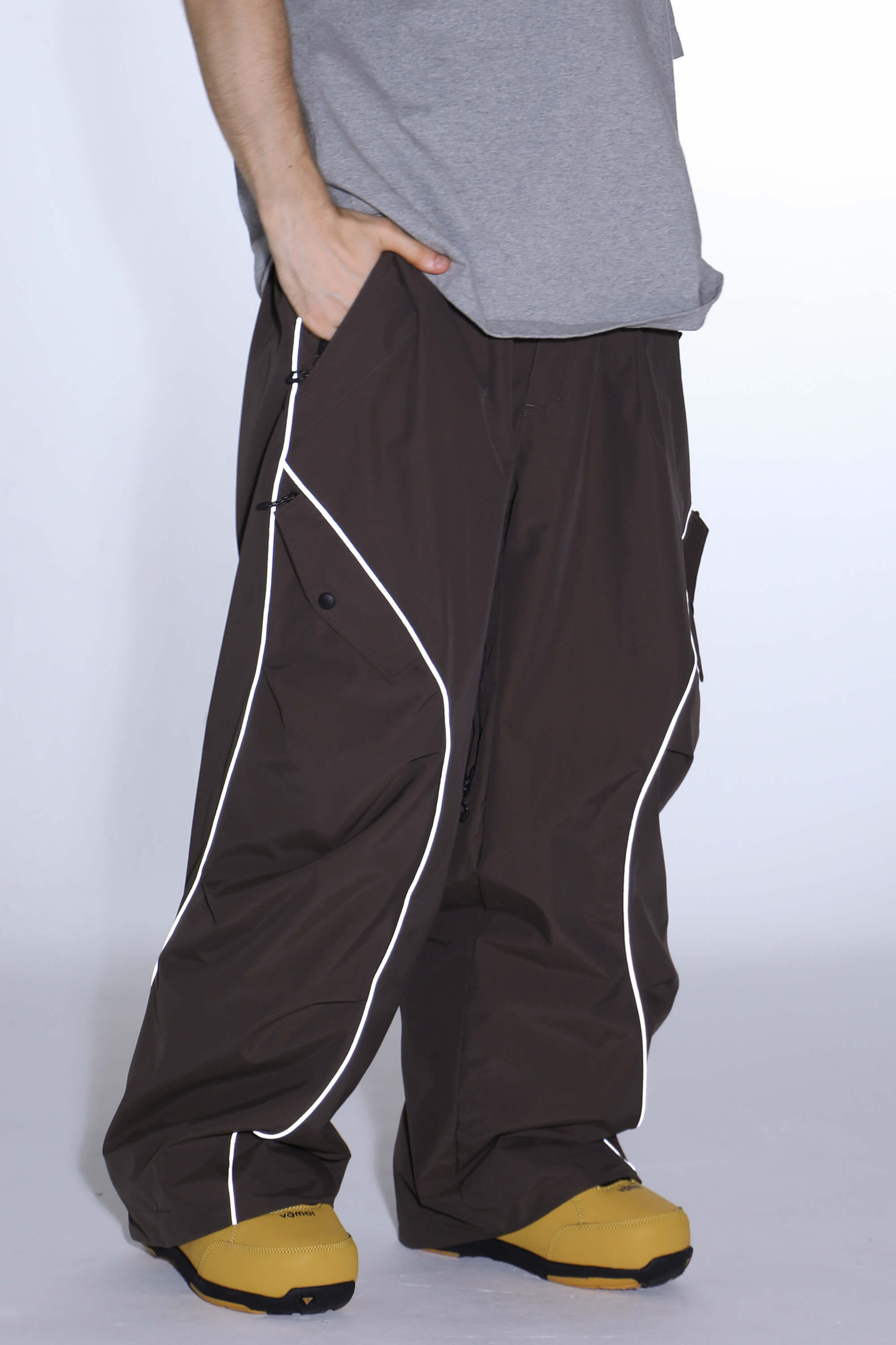 Women's Khaki Retro Track Ski Pants Reflective Piping Baggy Snow Pants