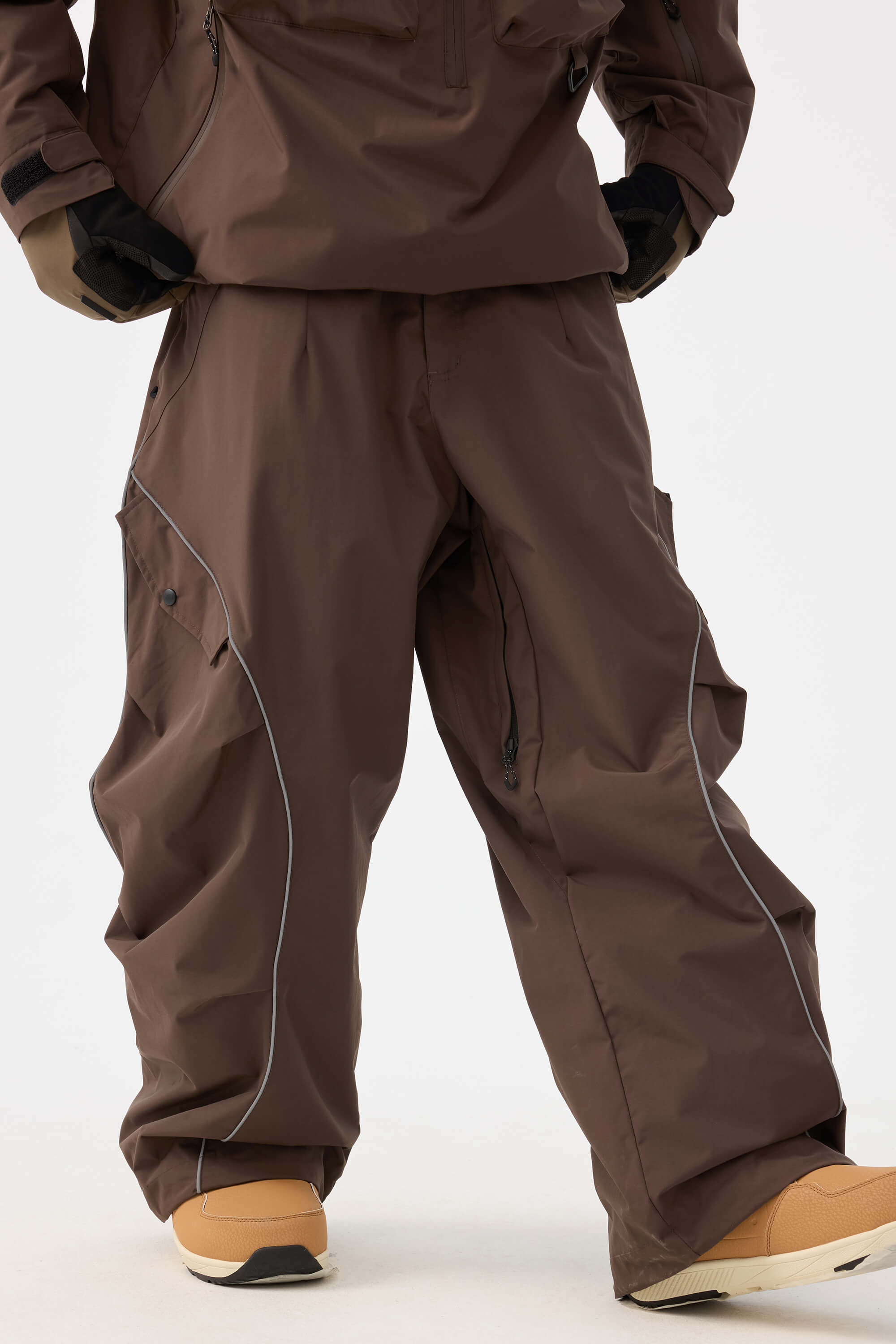 Men's Coffee Retro Track Snow Pants Reflective Piping Baggy Ski Pants - Gsou Snow