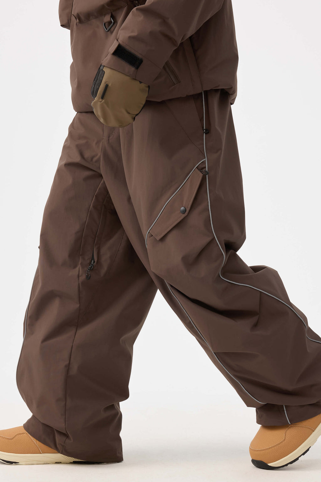 Men's Khaki Retro Track Snow Pants Reflective Piping Baggy Ski Pants - Gsou Snow