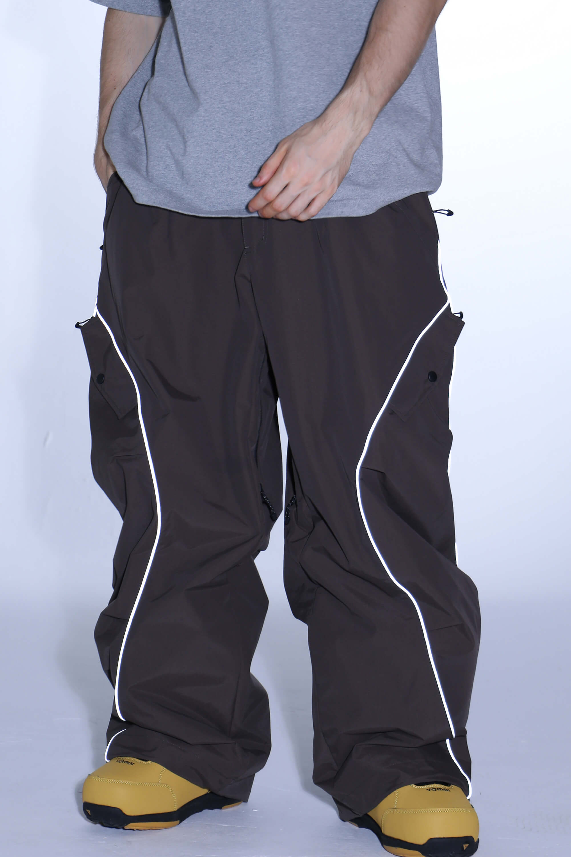 Men's Coffee Retro Track Ski Pants Reflective Piping Baggy Snow Pants