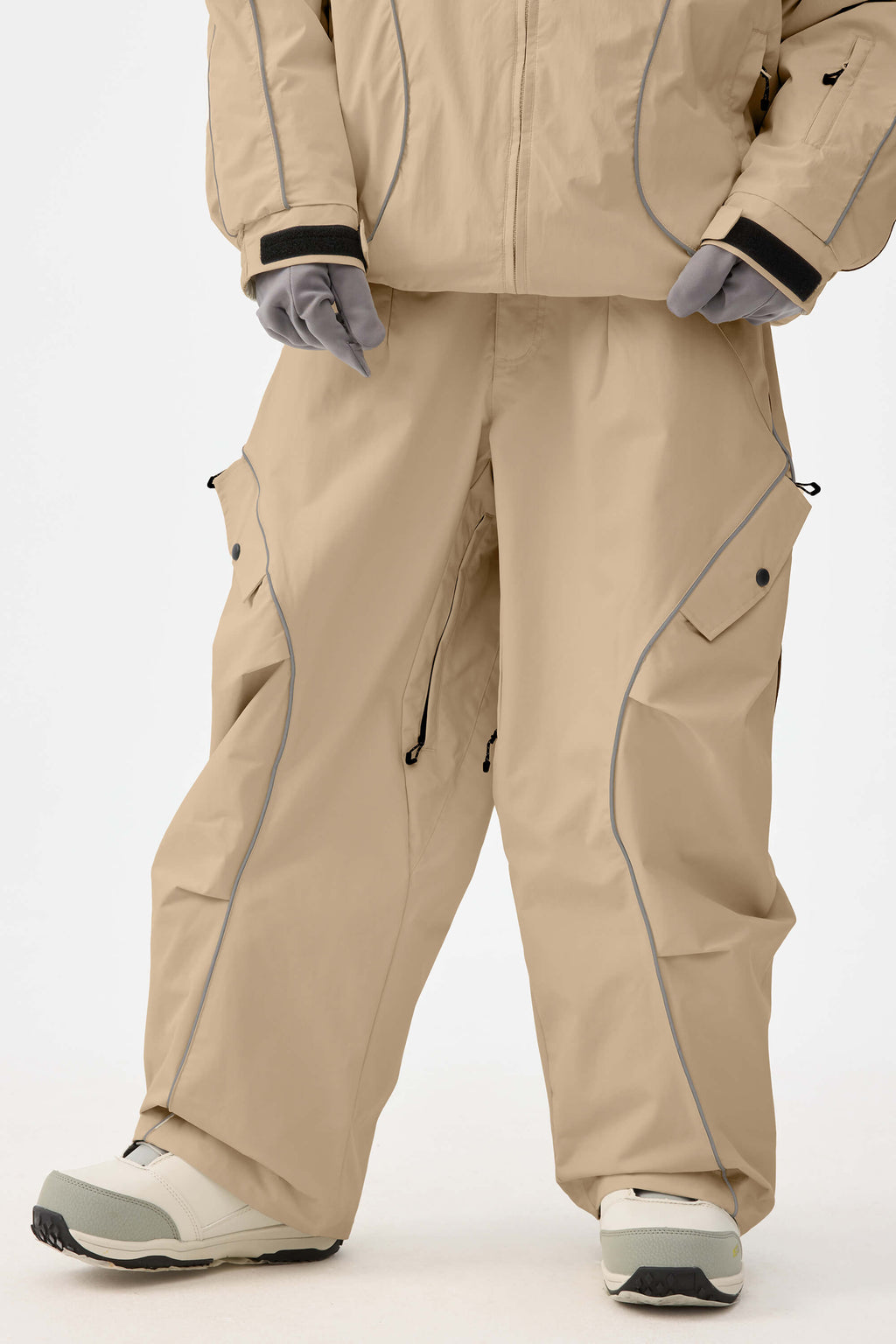 Women's Khaki Retro Track Ski Pants Reflective Piping Baggy Snow Pants