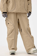 Women's Khaki Retro Track Reflective Piping Snow Pants Baggy Ski Pants - Gsou Snow