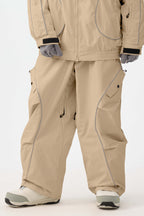 Women's Khaki Retro Track Reflective Piping Snow Pants Baggy Ski Pants - Gsou Snow