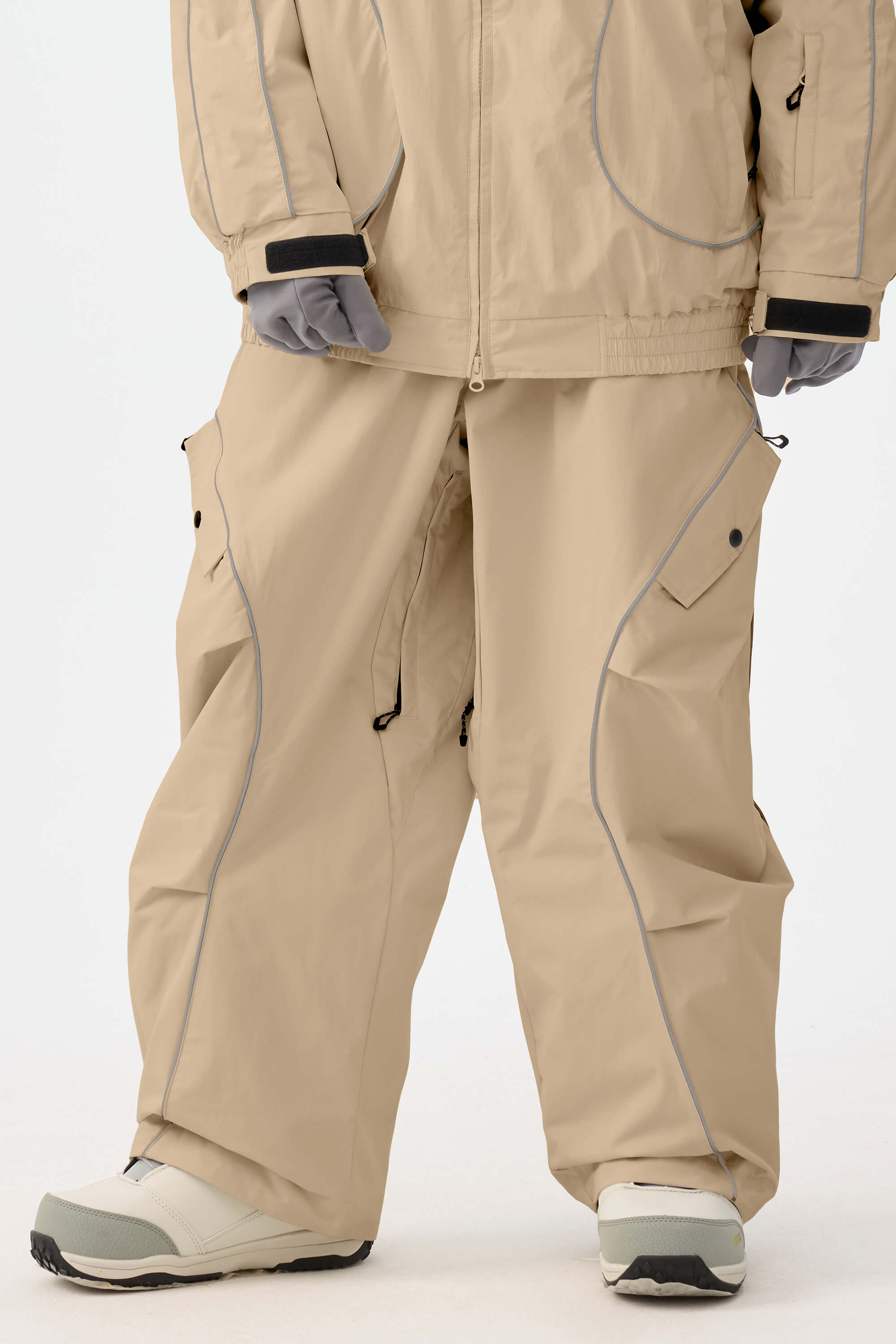 Women's Khaki Retro Track Reflective Piping Snow Pants Baggy Ski Pants - Gsou Snow