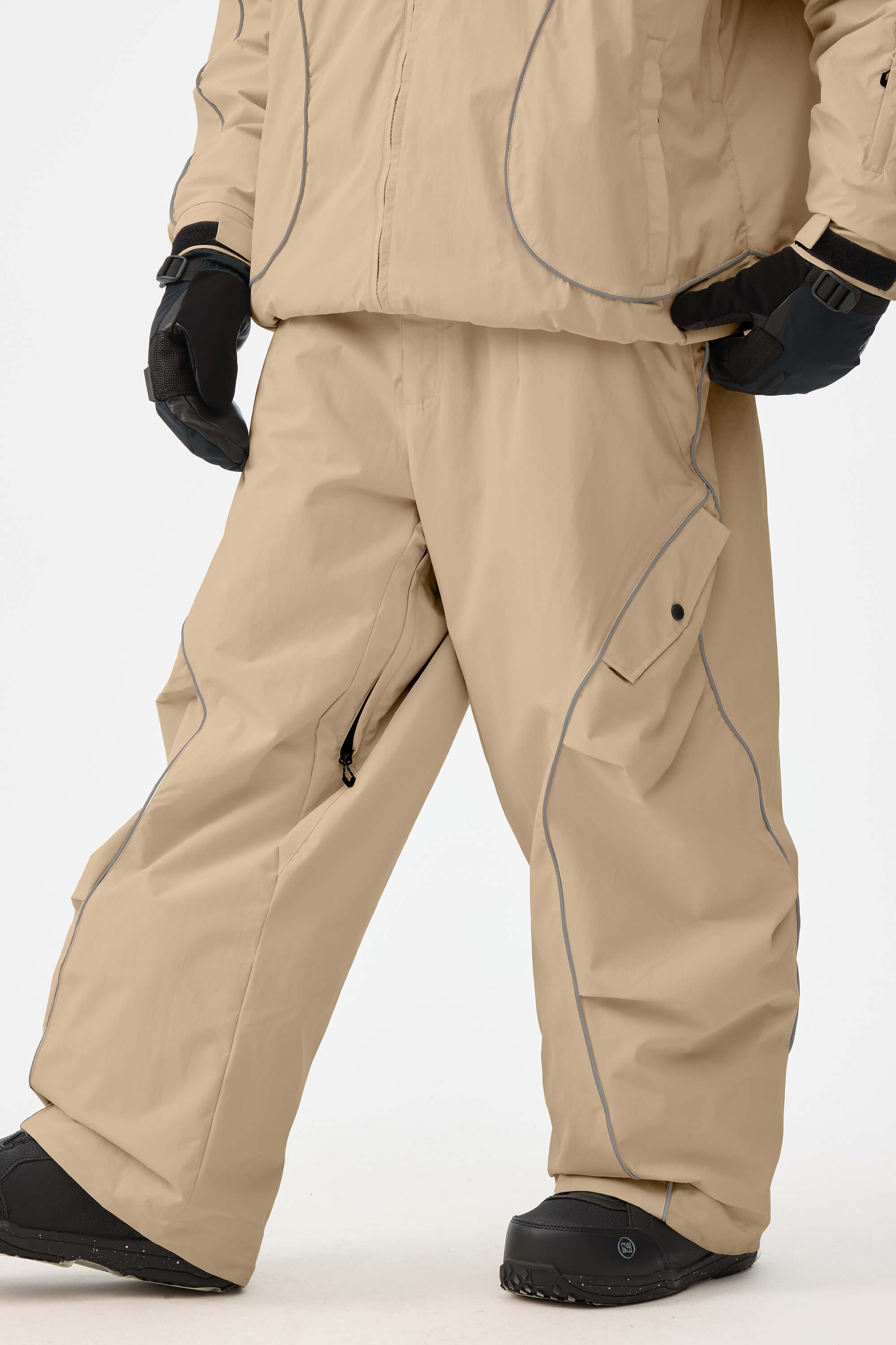 Men's Khaki Retro Track Snow Pants Reflective Piping Baggy Ski Pants - Gsou Snow
