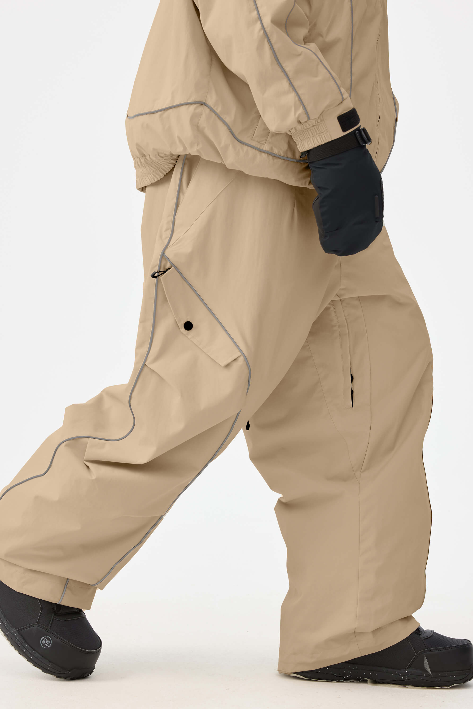 Men's Khaki Retro Track Snow Pants Reflective Piping Baggy Ski Pants - Gsou Snow