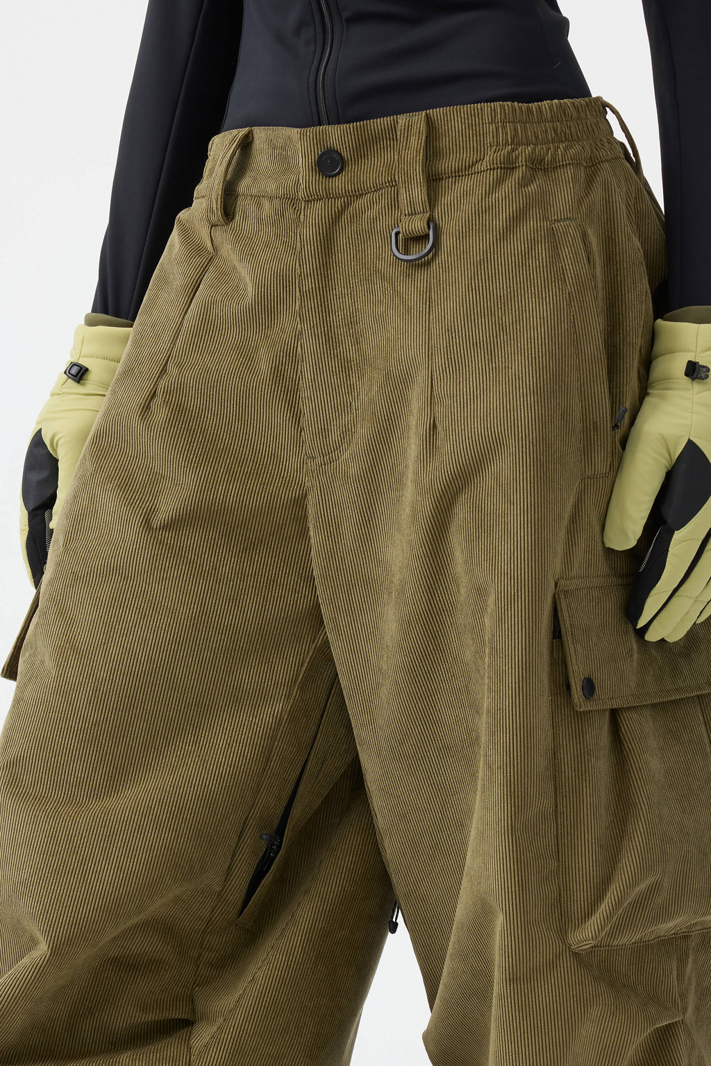 Women's Olive Green Baggy Structured Ski Pants Corduroy Snow Pants