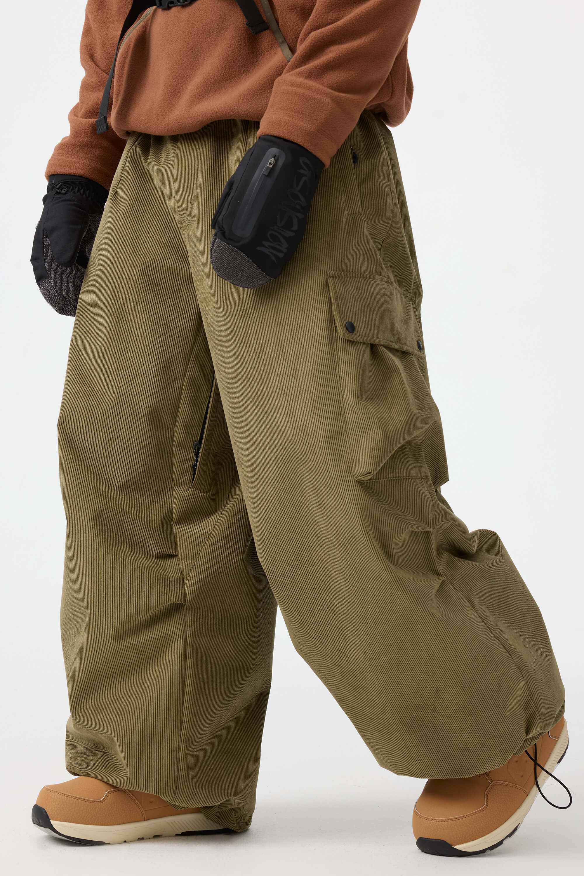 Men's Olive Green Baggy Structured Ski Pants Corduroy Snow Pants Main image