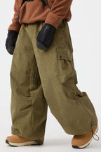 Men's Olive Green Baggy Structured Soft Snow Pants Corduroy Ski Pants - Gsou Snow