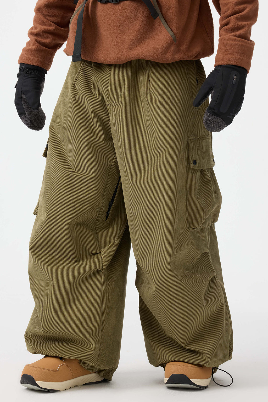 Men's Olive Green Baggy Structured Ski Pants Corduroy Snow Pants