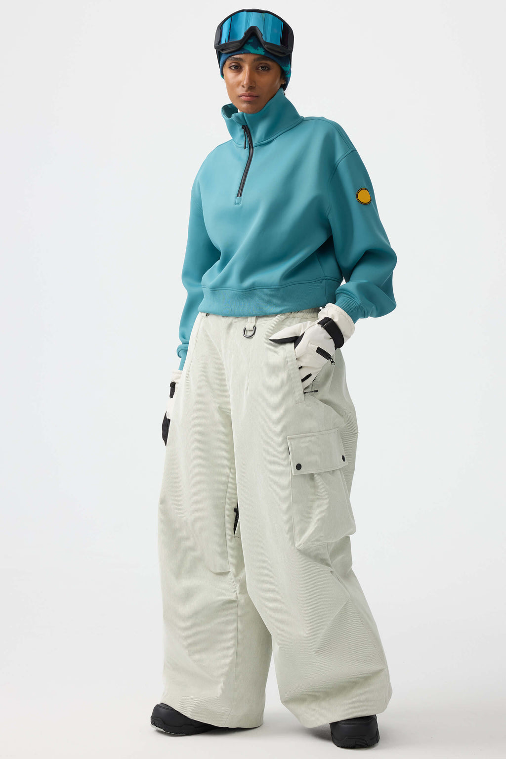 Women's Off White Baggy Structured Ski Pants Corduroy Snow Pants
