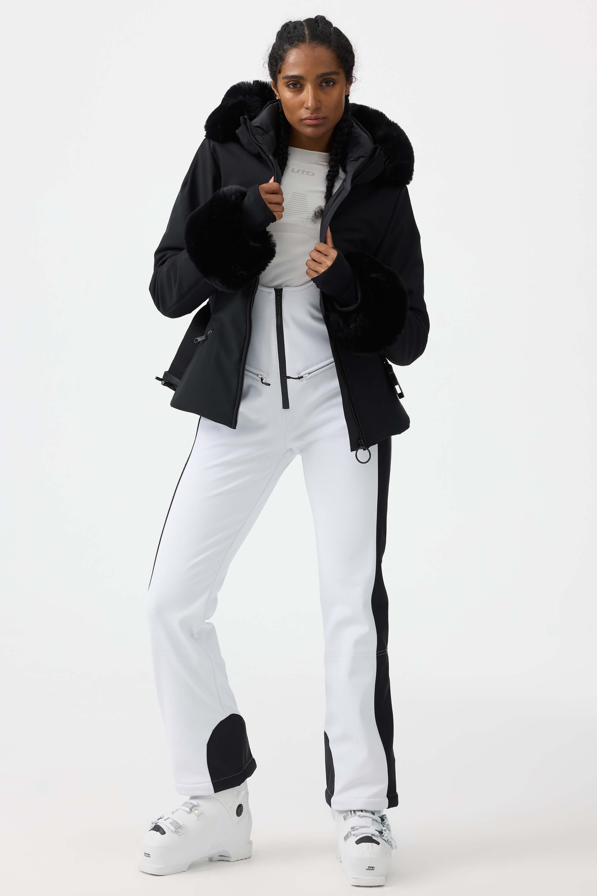 Women's Black 3D-Cut Faux Fur Stretch Insulated Ski Jacket Snow Jacket