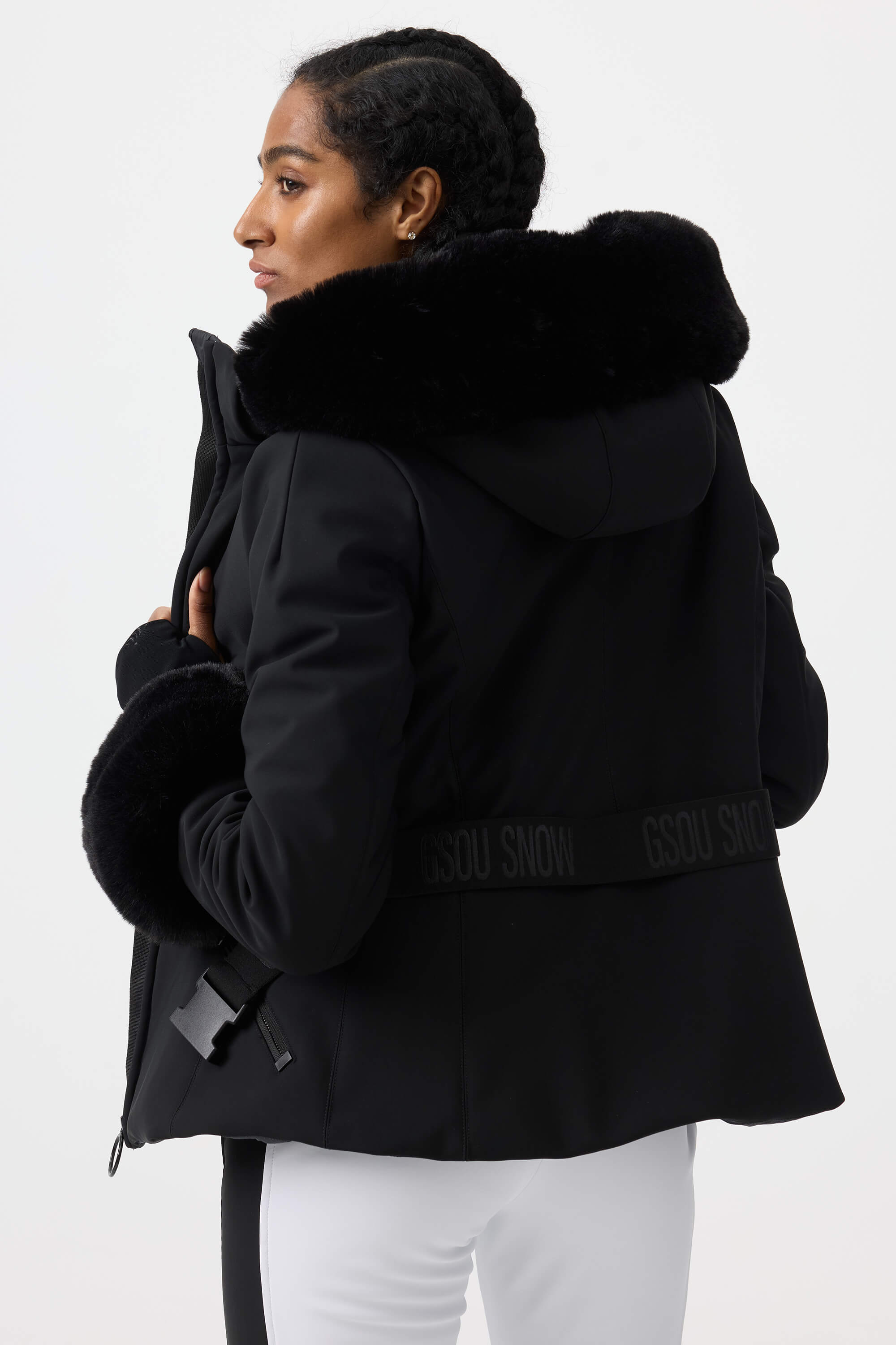 Women's White 3D-Cut Faux Fur Stretch Insulated Ski Jacket Snow Jacket