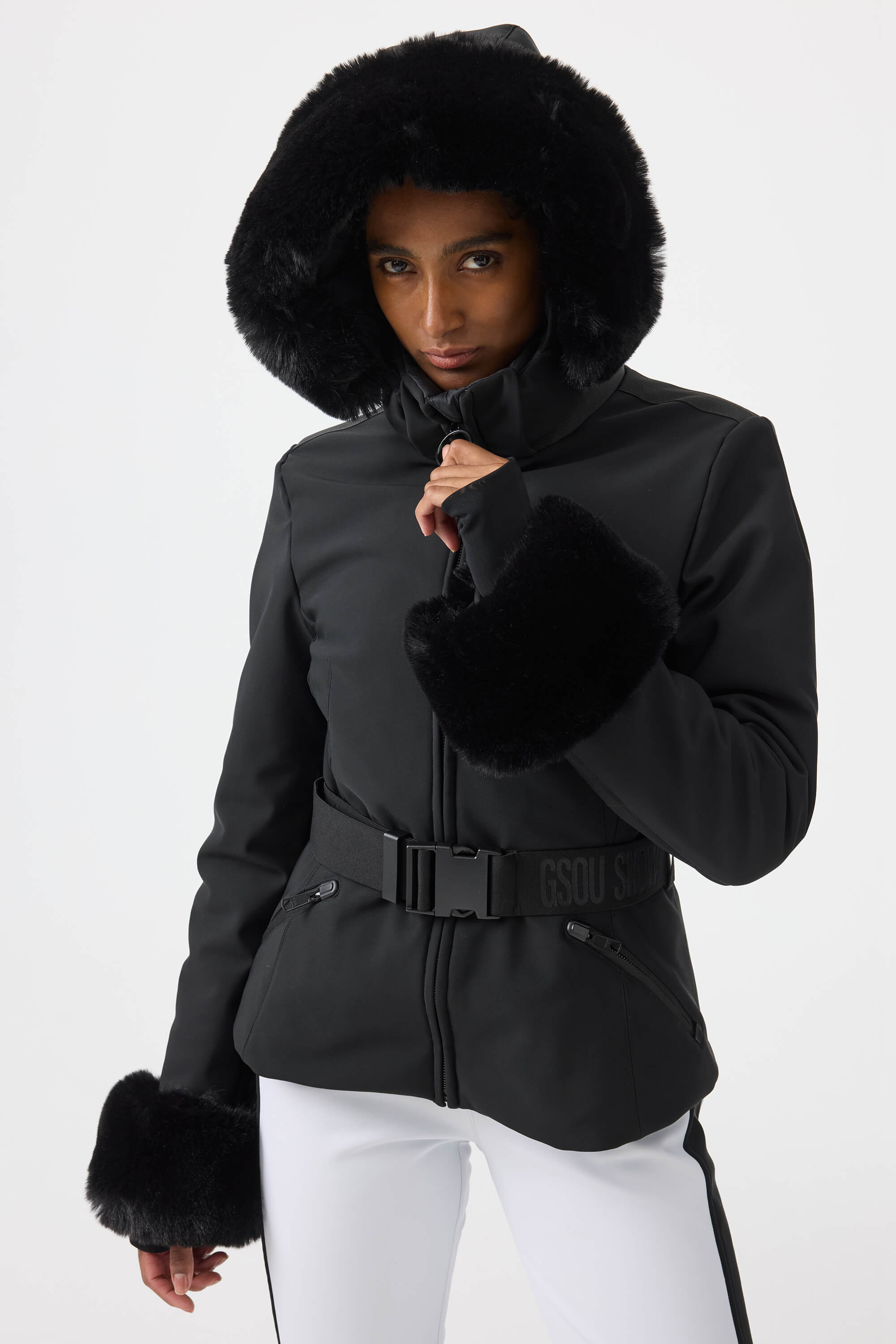Women's Black 3D-Cut Faux Fur Stretch Insulated Ski Jacket Snow Jacket