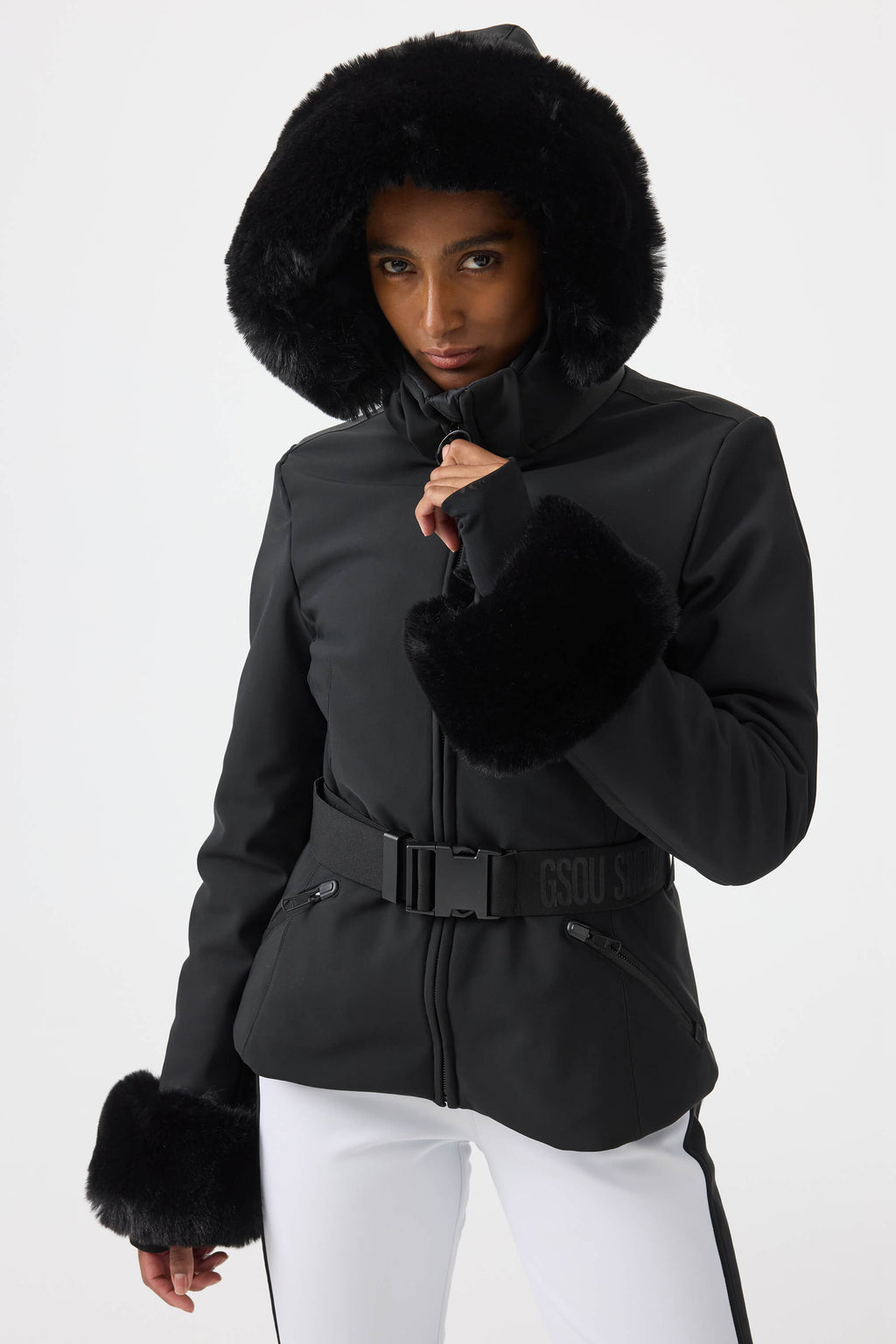 Women's White 3D-Cut Faux Fur Stretch Insulated Ski Jacket Snow Jacket