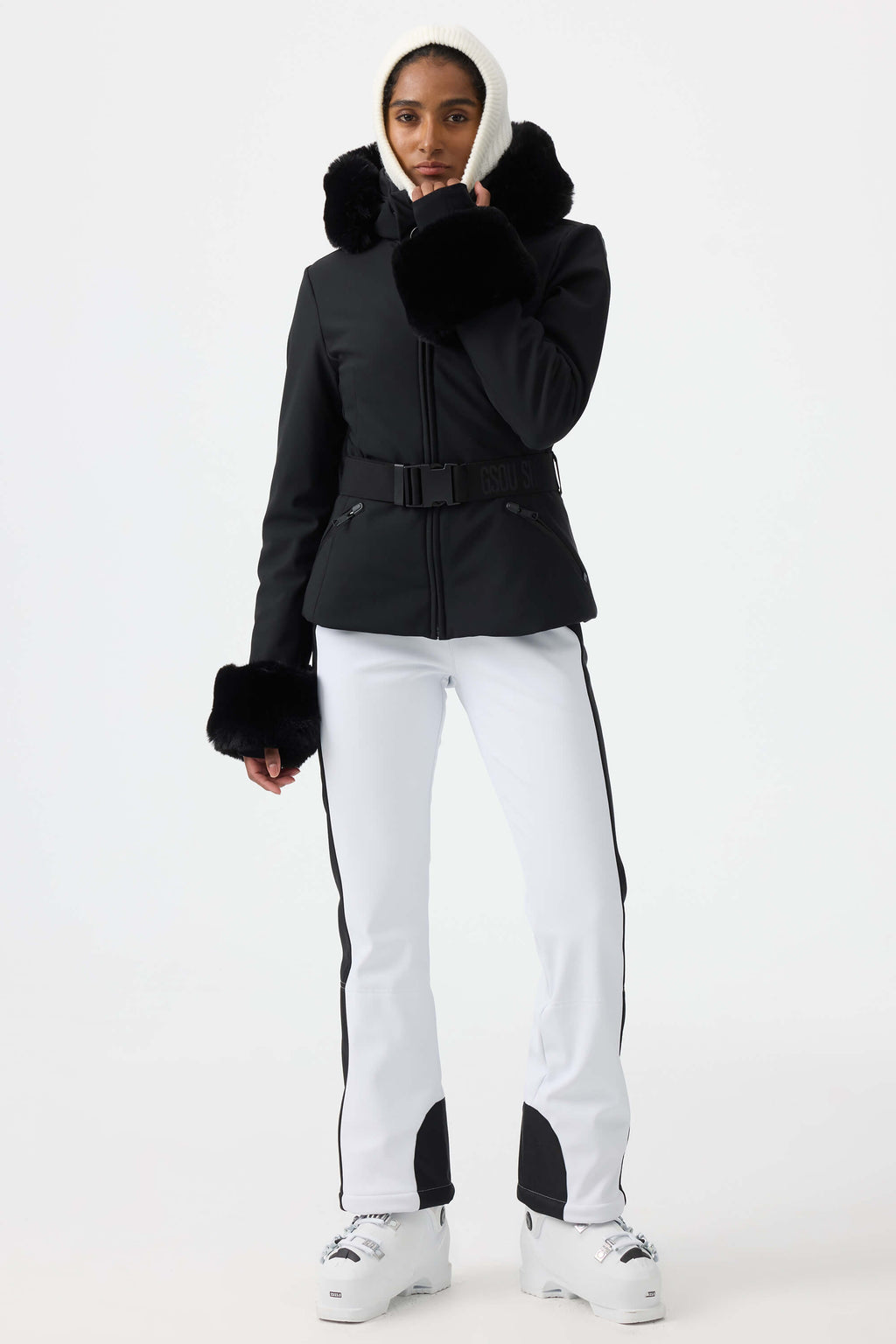 Women's Black 3D-Cut Faux Fur Stretch Insulated Ski Jacket Snow Jacket