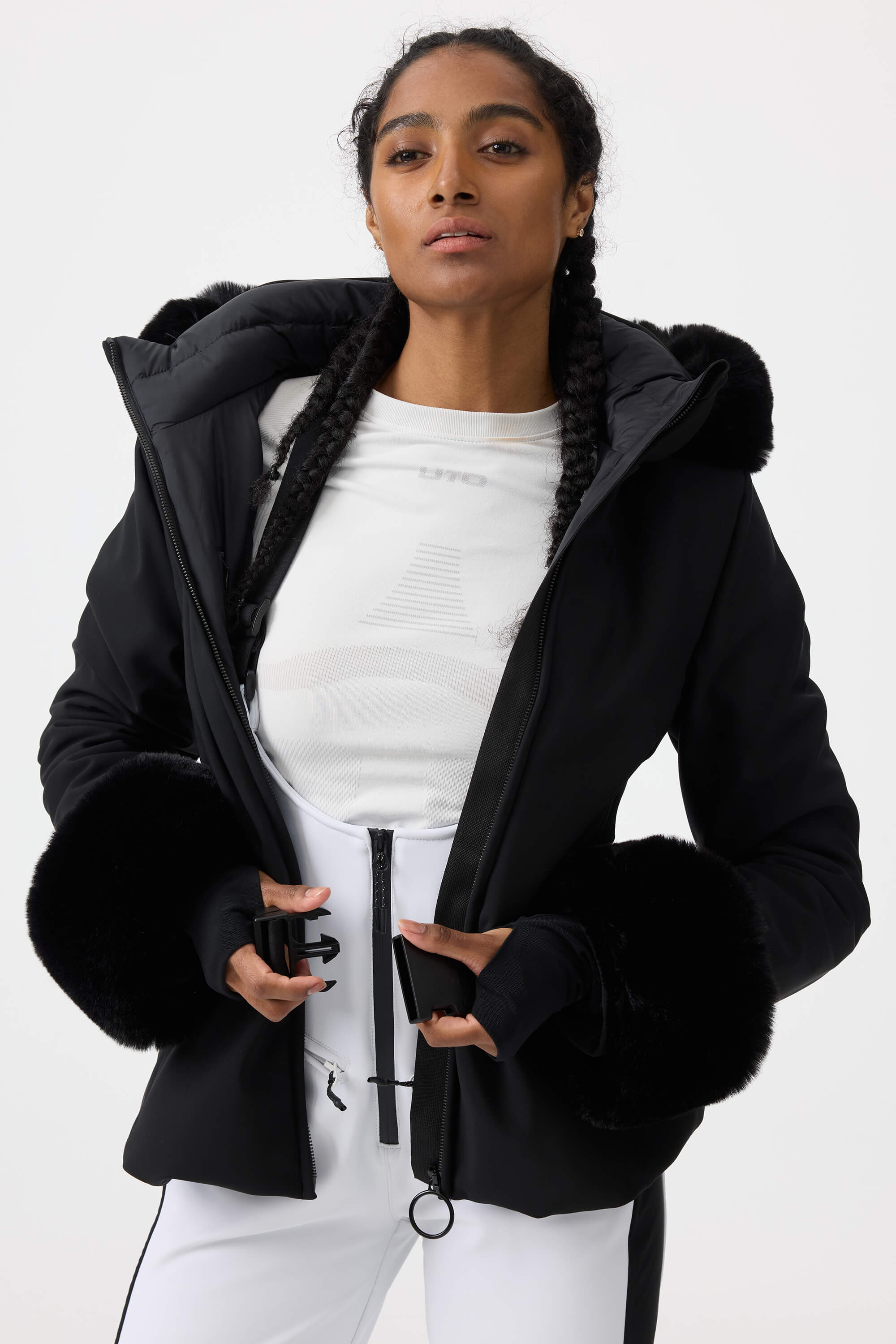 Women's White 3D-Cut Faux Fur Stretch Insulated Ski Jacket Snow Jacket