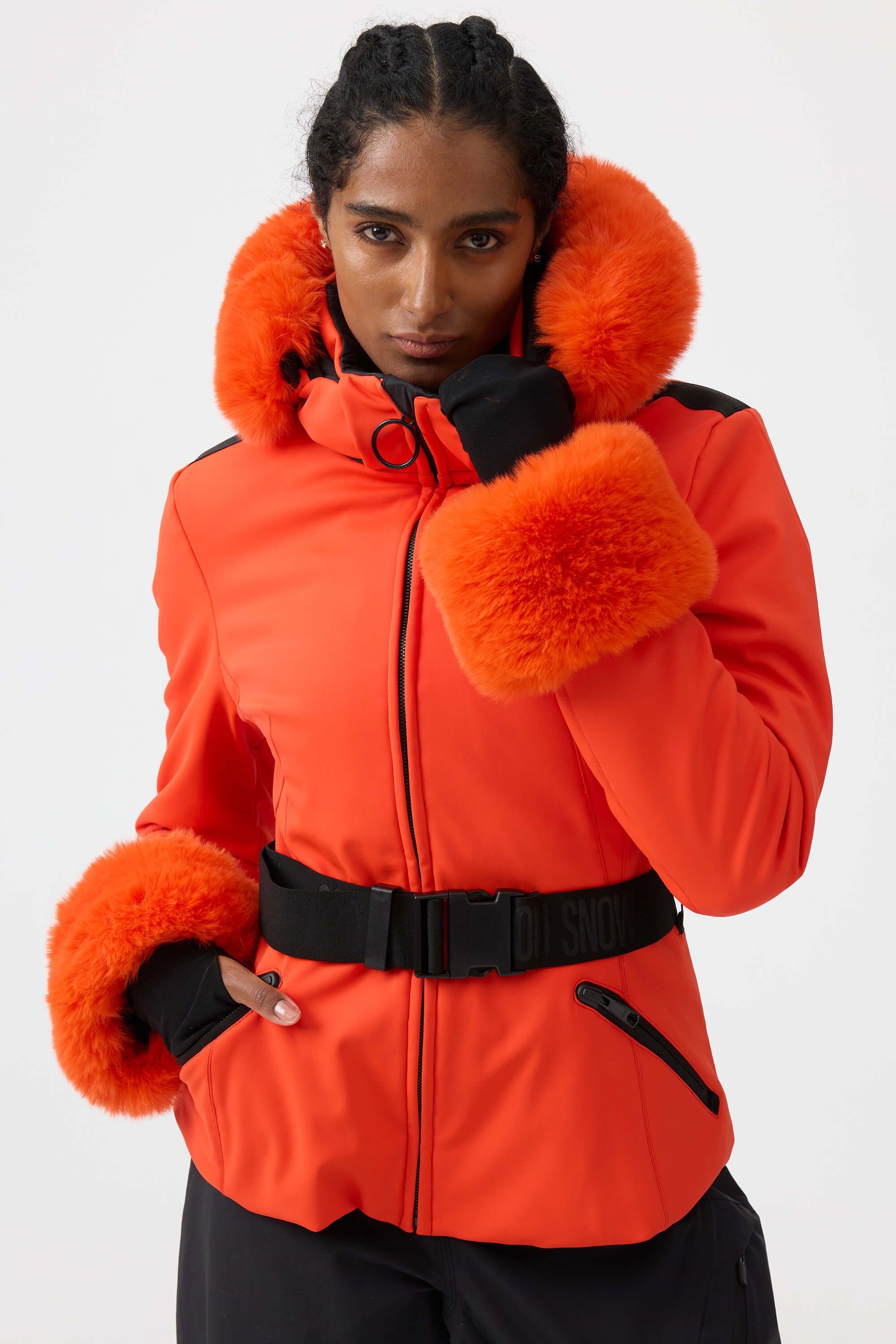 Women's Black 3D-Cut Faux Fur Stretch Insulated Ski Jacket Snow Jacket