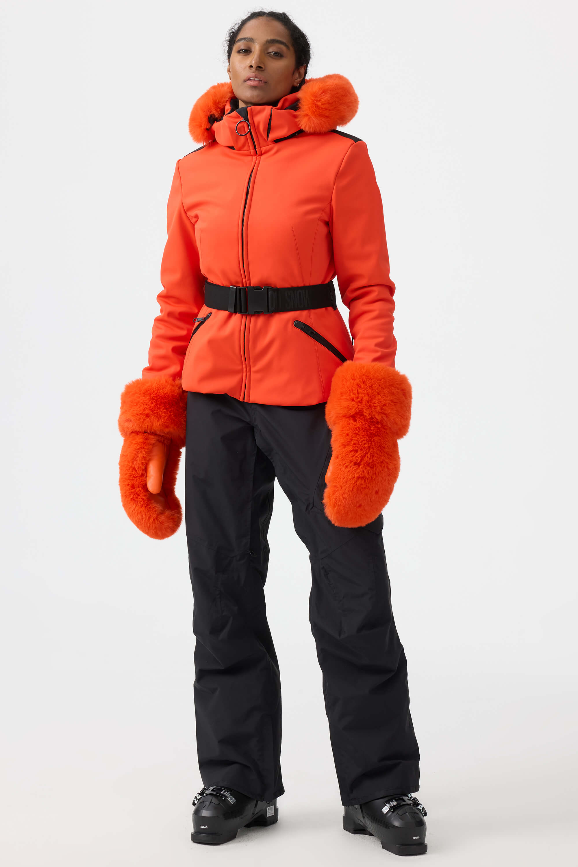 Women's Orange 3D-Cut Faux Fur Ski Jacket Stretch Insulated Snow Jacket - Gsou Snow