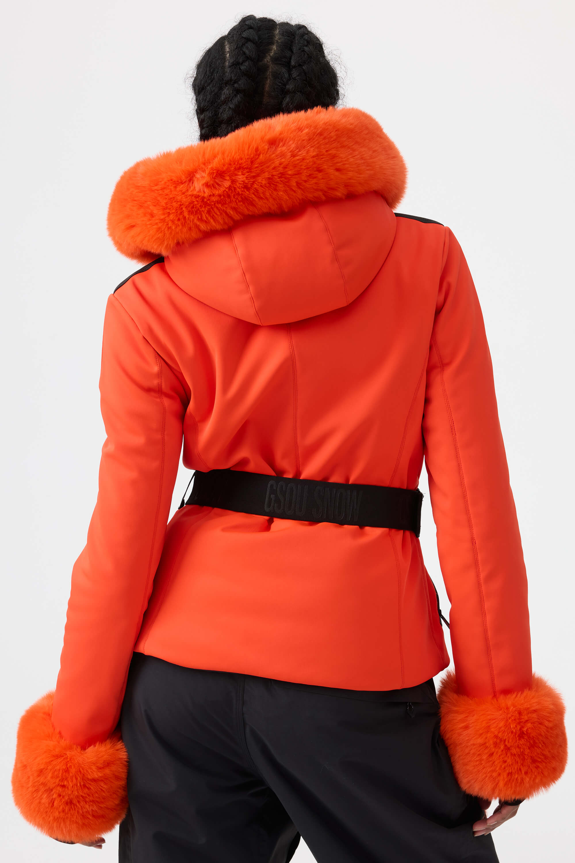 Women's Orange 3D-Cut Faux Fur Stretch Insulated Ski Jacket Snow Jacket