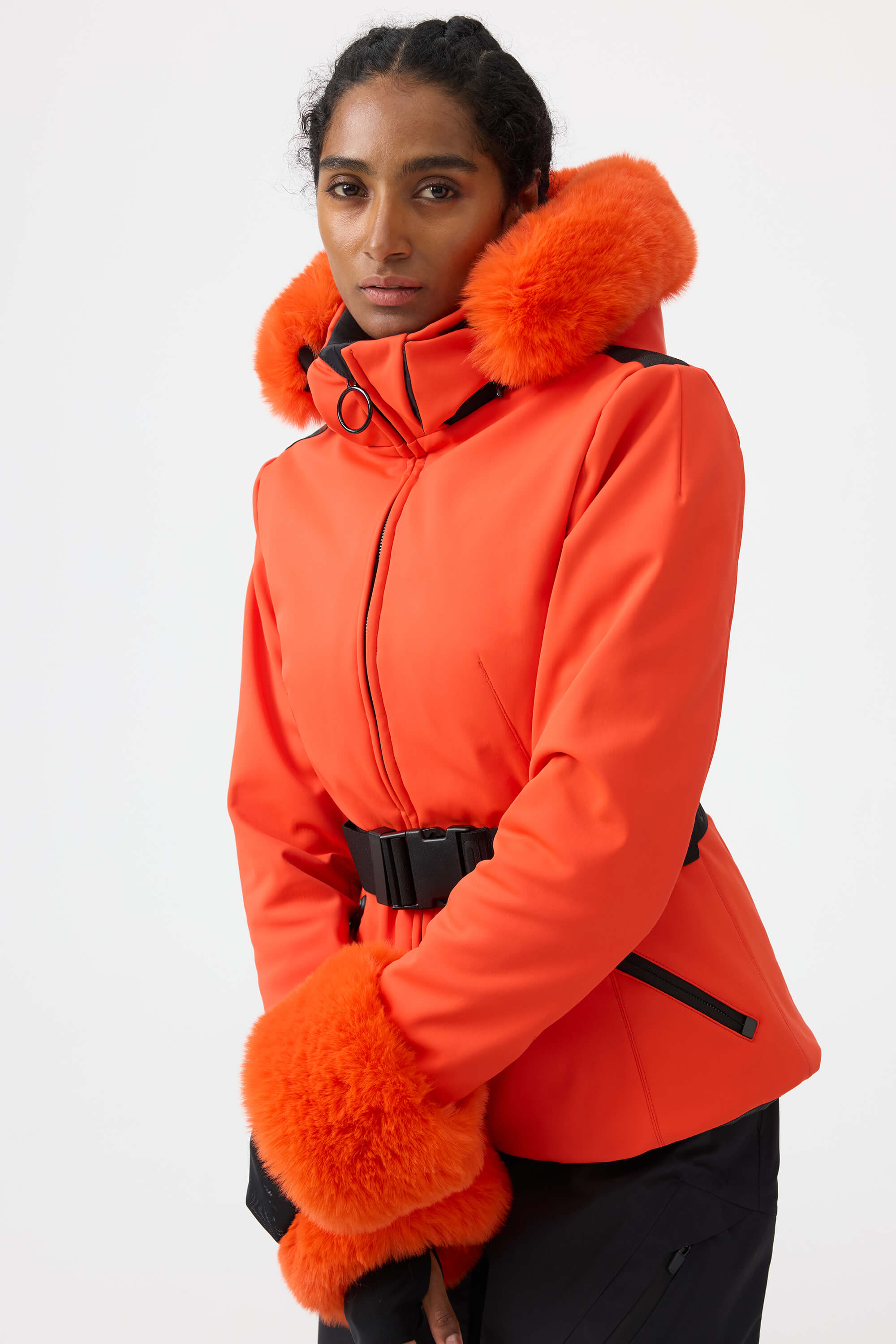 Women's Black 3D-Cut Faux Fur Stretch Insulated Ski Jacket Snow Jacket