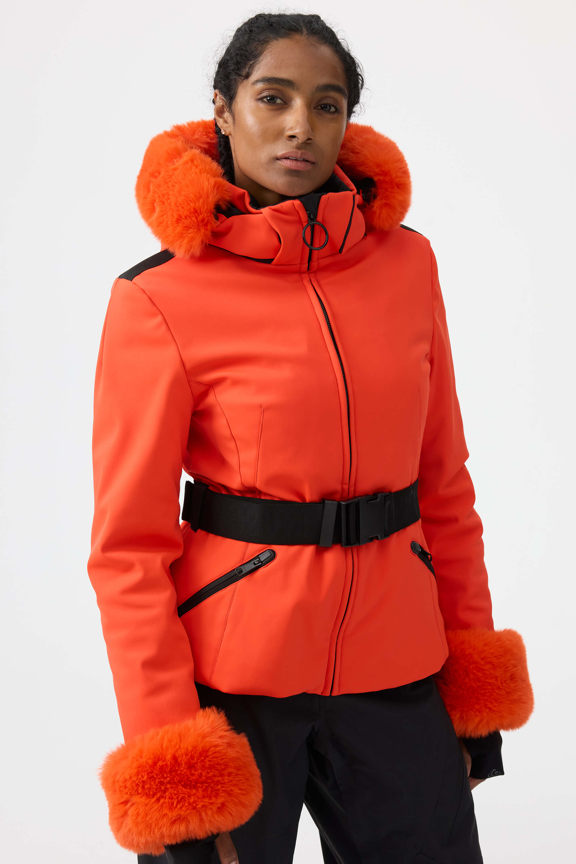 Women's Black 3D-Cut Faux Fur Stretch Insulated Ski Jacket Snow Jacket