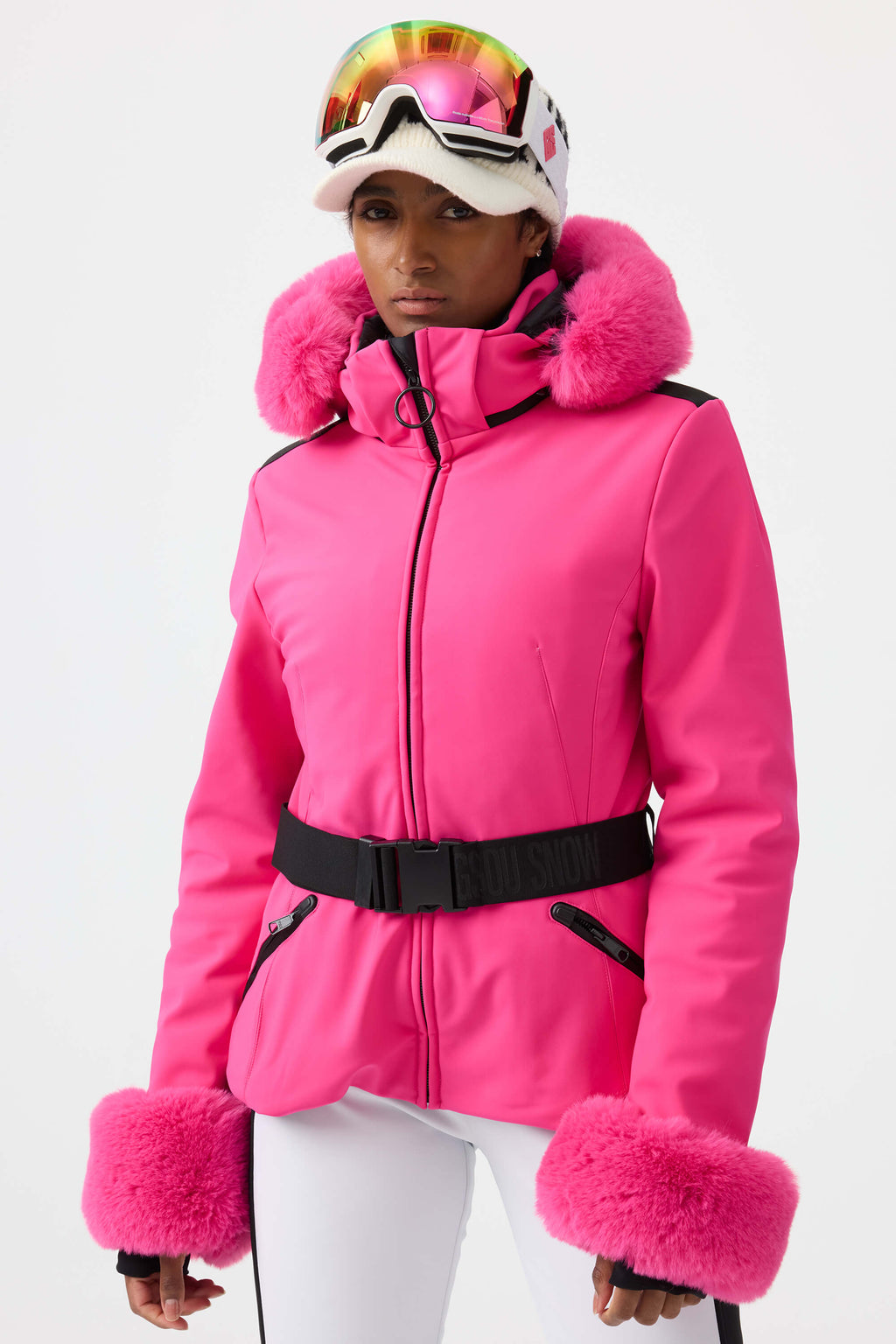 Women's White 3D-Cut Faux Fur Stretch Insulated Ski Jacket Snow Jacket