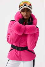 Women's Magenta 3D-Cut Faux Fur Stretch Insulated Ski Jacket Snow Jacket