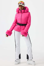 Women's White 3D-Cut Faux Fur Stretch Insulated Ski Jacket Snow Jacket