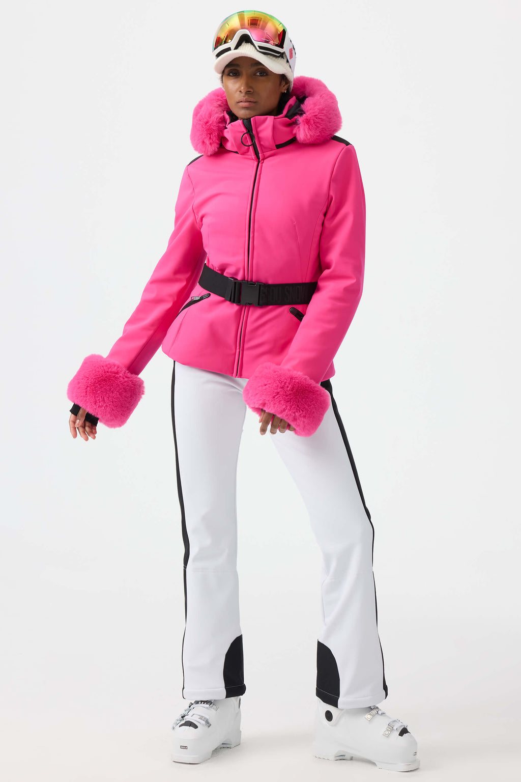 Women's Magenta 3D-Cut Faux Fur Stretch Insulated Ski Jacket Snow Jacket